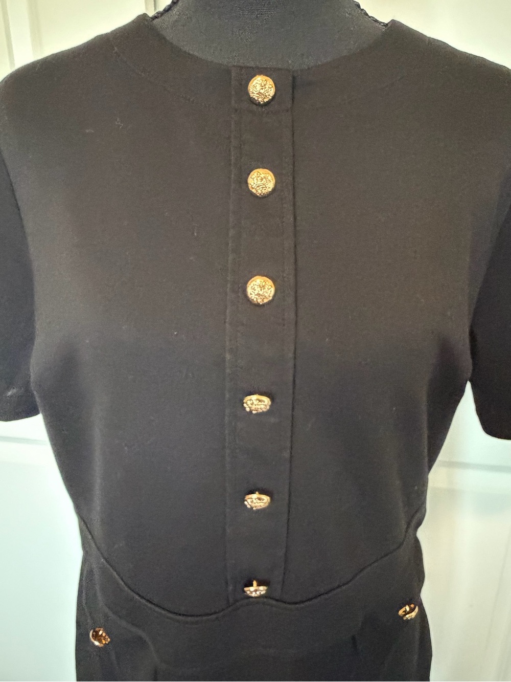 Black Short-Sleeve Mini Dress with Gold Button Detailing - Picture 2 of 8